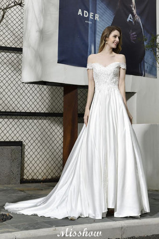 Elegant Off Shoulder Satin Floor Length Bridal Gown Sweetheart Floral Lace Aline Wedding Dress