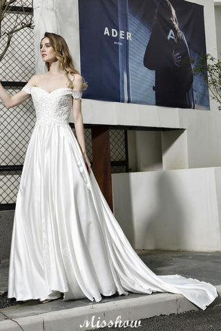 Elegant Off Shoulder Satin Floor Length Bridal Gown Sweetheart Floral Lace Aline Wedding Dress