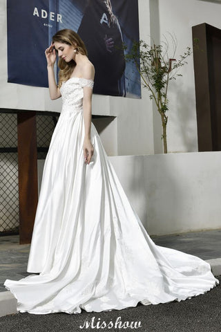Elegant Off Shoulder Satin Floor Length Bridal Gown Sweetheart Floral Lace Aline Wedding Dress