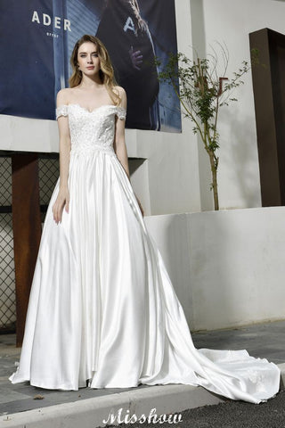 Elegant Off Shoulder Satin Floor Length Bridal Gown Sweetheart Floral Lace Aline Wedding Dress