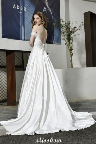 Elegant Off Shoulder Satin Floor Length Bridal Gown Sweetheart Floral Lace Aline Wedding Dress