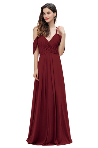 Elegante vestido de dama de honor de gasa corte A con tirantes finos y hombros descubiertos, largo hasta el suelo, ideal para bodas y fiestas.