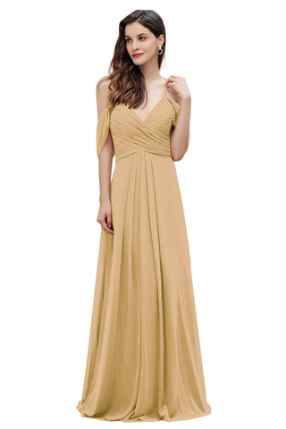 Elegante vestido de dama de honor de gasa corte A con tirantes finos y hombros descubiertos, largo hasta el suelo, ideal para bodas y fiestas.