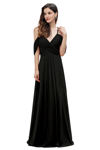 Elegante vestido de dama de honor de gasa corte A con tirantes finos y hombros descubiertos, largo hasta el suelo, ideal para bodas y fiestas.