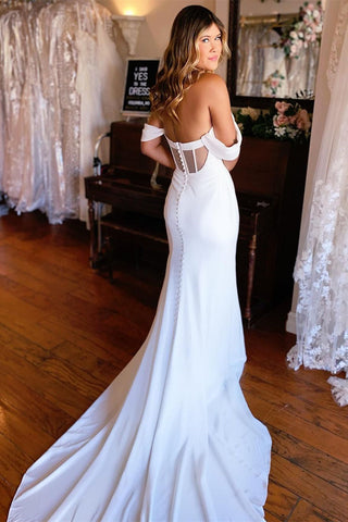 Elegant Off-the-shoulder Mermaid Satin Backless Wedding Dress With Train