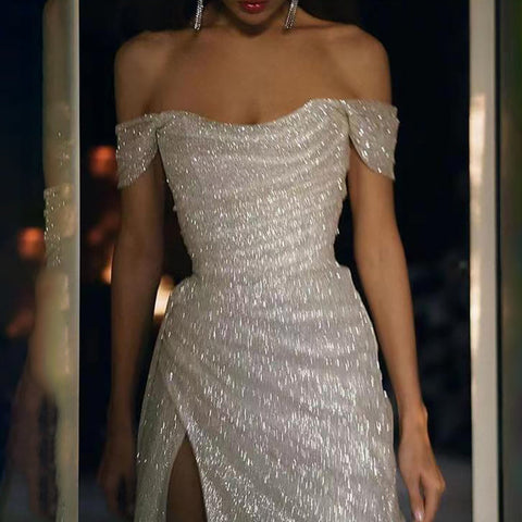 Elegant Off-the-shoulder Sleeveless A-line Sequined Wedding Dress With Slit