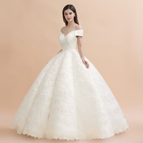Elegant Off-the-Shoulder White Lace Appliques Bridal Gowns Wedding Dress