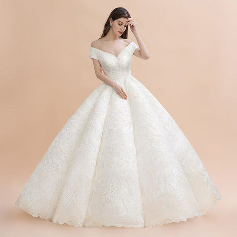 Elegant Off-the-Shoulder White Lace Appliques Bridal Gowns Wedding Dress