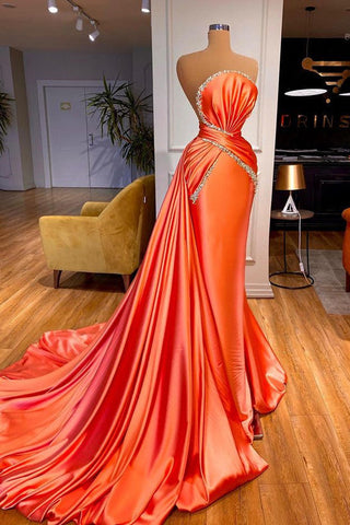 Robe de bal sirène orange élégante avec traîne amovible et cristaux
