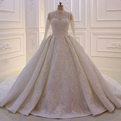 Elegant Princess A-line High Neck Lace Sequined Wedding Dress With Long Sleeves