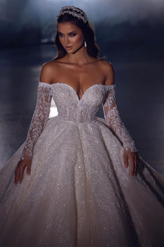 Elegant Princess A-line Off-the-shoulder Lace Appliques Wedding Dress With Long Sleeves