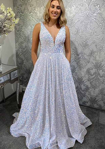Robe de bal longue en velours à sequins, sans manches, coupe trapèze, col en V et poches