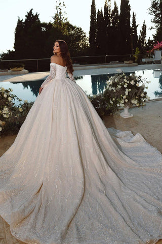Elegant Princess Off-the-shoulder A-line Ball Gown Wedding Dress With Long Sleeves