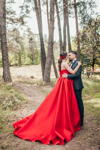 Elegant Red A-Line One Shoulder Satin Sleeveless Wedding Dresses
