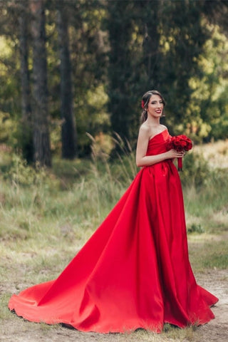 Elegant Red A-Line One Shoulder Satin Sleeveless Wedding Dresses
