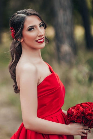 Elegant Red A-Line One Shoulder Satin Sleeveless Wedding Dresses