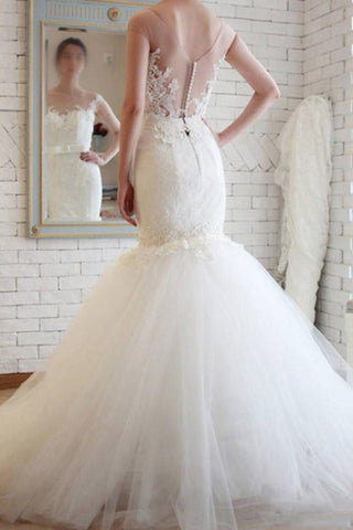 Elegant Sheer Back Tulle Lace Mermaid Wedding Dress WD148