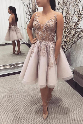 Elegant Short A-line Bateau Lace Tulle Backless Prom Dress