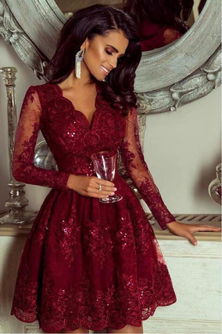 Elegant Short A-line V-neck Long Sleeves Prom Dresses