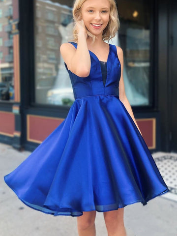 Elegant Short A Line V Neck Satin Prom Dresses Royal Blue Homecoming Dresses
