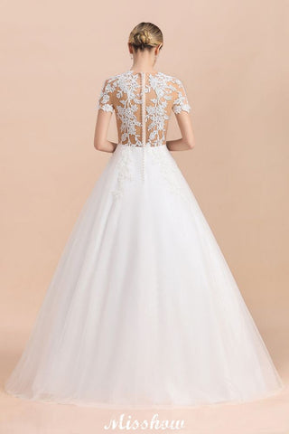 Elegant Short Sleeve Ball Gown White Lace Appliques Wedding Dress