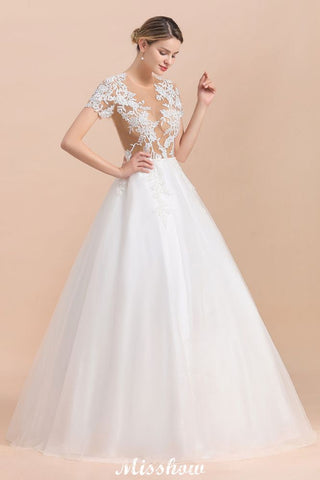 Elegant Short Sleeve Ball Gown White Lace Appliques Wedding Dress