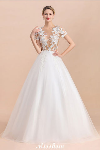 Elegant Short Sleeve Ball Gown White Lace Appliques Wedding Dress