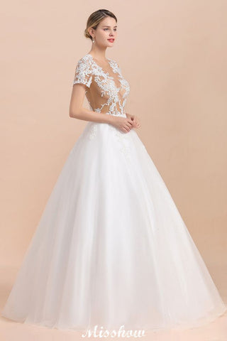 Elegant Short Sleeve Ball Gown White Lace Appliques Wedding Dress