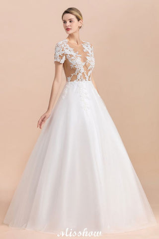 Elegant Short Sleeve Ball Gown White Lace Appliques Wedding Dress