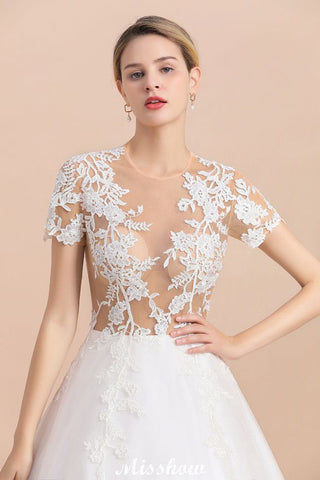Elegant Short Sleeve Ball Gown White Lace Appliques Wedding Dress