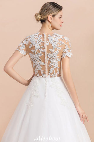 Elegant Short Sleeve Ball Gown White Lace Appliques Wedding Dress