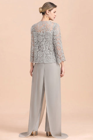 Elegant Silver Lace Top Chiffon Mother of Bride Jumpsuit Online with Wrap