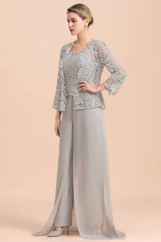 Elegant Silver Lace Top Chiffon Mother of Bride Jumpsuit Online with Wrap