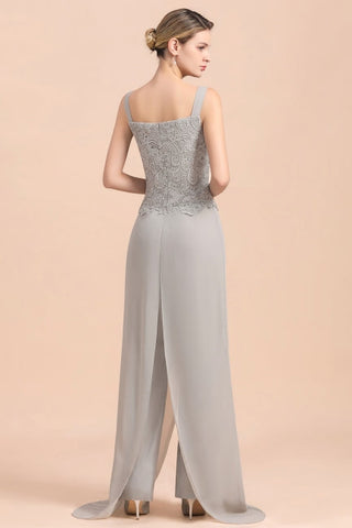 Elegant Silver Lace Top Chiffon Mother of Bride Jumpsuit Online with Wrap