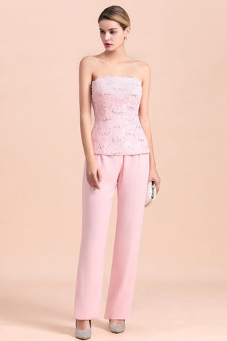 Elegant Strapless Appliques Mother of Bride Jumpsuit with Long Sleeves Wraps