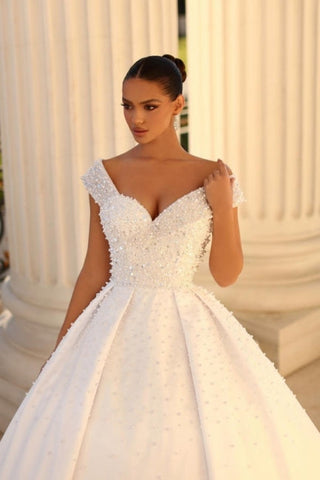 Elegant sweetheart cap sleeves ball gown satin wedding dress sequined