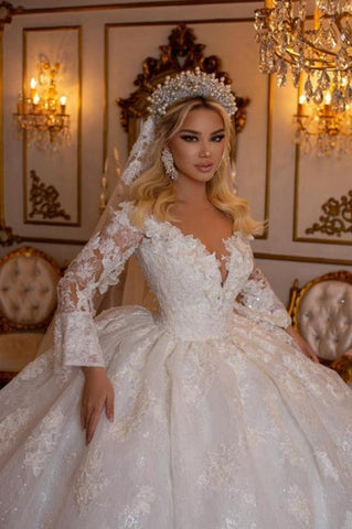 Elegant Sweetheart Long Sleeves Ball Gown Lace Wedding Gowns Bridal Dresses