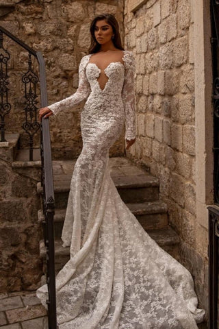 Elegant sweetheart longsleeves mermaid lace Wedding dresses