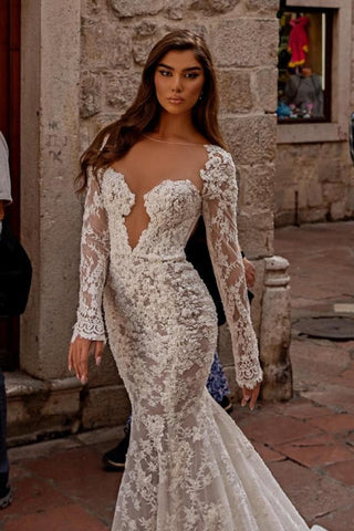 Elegant sweetheart longsleeves mermaid lace Wedding dresses