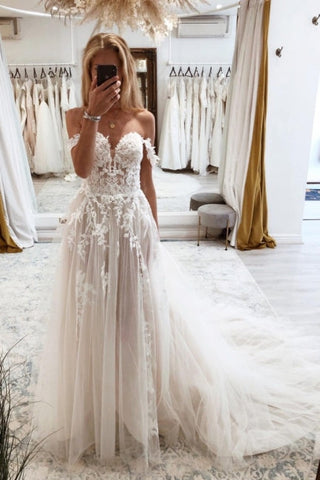 Elegant sweetheart off-the-shoulder cap sleeves a-line lace wedding dress
