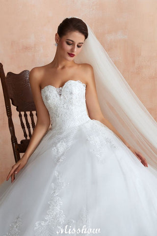 Elegant Sweetheart White Wedding Dress | Simple Tulle Beach Aline Ball Gown