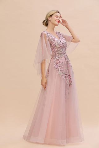 Elegant Tulle A-line Floral Wedding Dress Puffy Long Sleeves Evening Party Dress