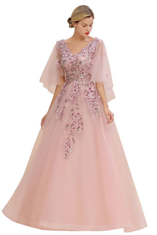 Elegant Tulle A-line Floral Wedding Dress Puffy Long Sleeves Evening Party Dress