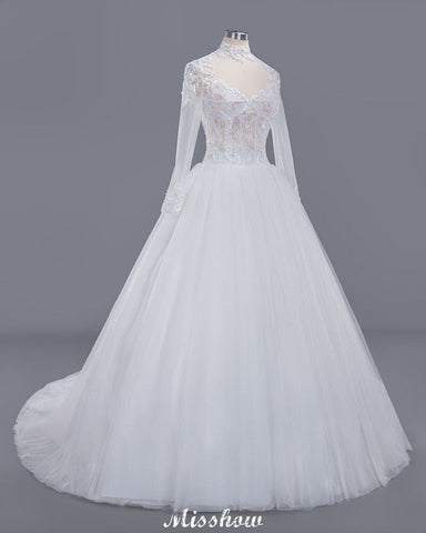 Elegant Tulle Lace Ball Gown High Neck Long Sleeves Floor Length Wedding Dress