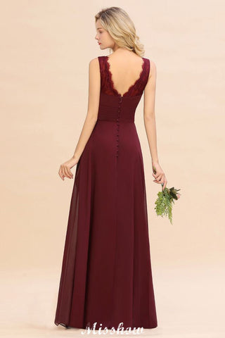 Elegant V-Neck aline Bridesmaid Dress Burgundy Backless Chiffon Party Dress