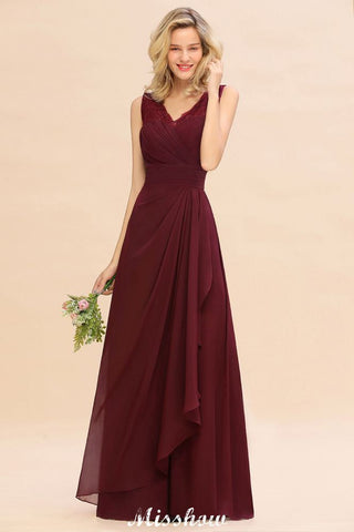 Elegant V-Neck aline Bridesmaid Dress Burgundy Backless Chiffon Party Dress