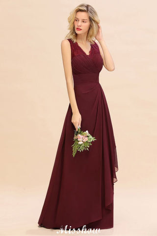 Elegant V-Neck aline Bridesmaid Dress Burgundy Backless Chiffon Party Dress