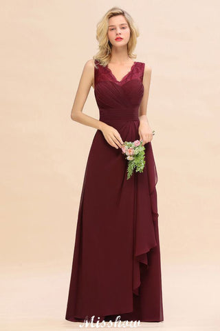 Elegant V-Neck aline Bridesmaid Dress Burgundy Backless Chiffon Party Dress