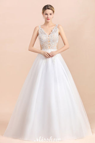 Elegant V-Neck Floral Lace A-line Wedding Dress Beach Sleeveless Tulle Church Dress
