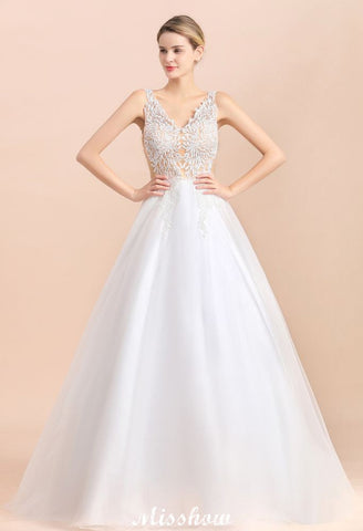 Elegant V-Neck Floral Lace A-line Wedding Dress Beach Sleeveless Tulle Church Dress